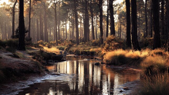 A tranquil forest stream at dawn.