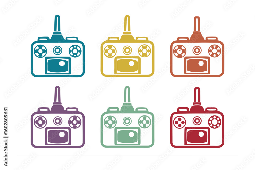Poster six colorful stylized remote control icons with joysticks and buttons arranged in two rows on a whit