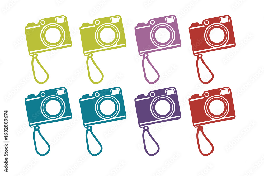 Poster a vibrant collection of eight stylized digital cameras in assorted bright colors each with a danglin