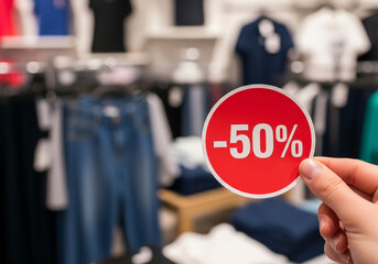 Fototapeta premium A hand holds a red circular sale tag displaying -50 percent against the backdrop of a clothing store.