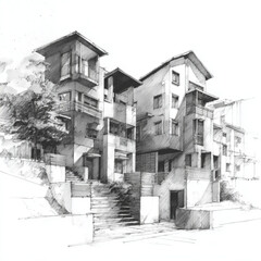 pencil sketch of a cluster of landed homes. Sketch in pencil with clear lines but with colour.