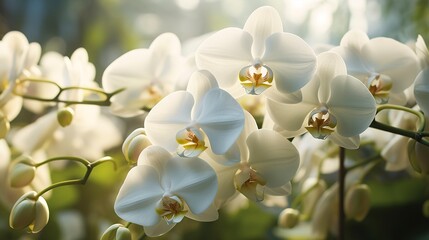 A photo of a cluster of white orchids.