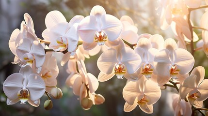 A photo of a cluster of white orchids.