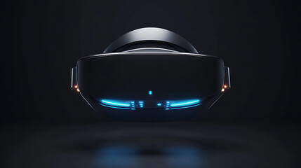 frameless VR headset mockup with sleek matte finish, glowing UI floating in front of user, futuristic black background.