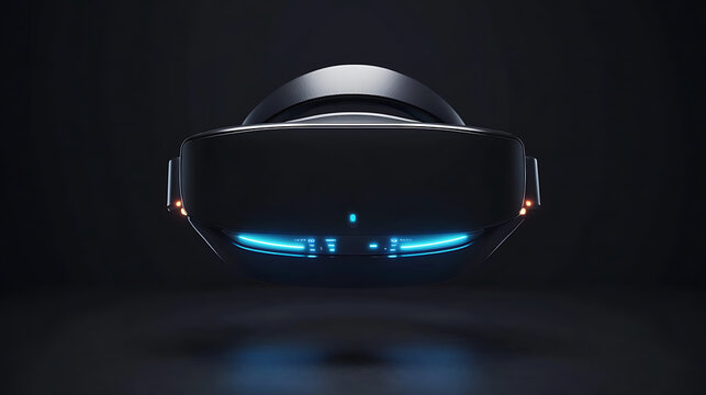 frameless VR headset mockup with sleek matte finish, glowing UI floating in front of user, futuristic black background.
