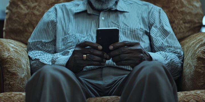 A senior man using his cell phone in a relaxed setting, likely communicating with others or navigating the digital world. - Powered by Adobe