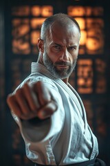 Man in martial arts uniform holding fist up as instructor or sensei.