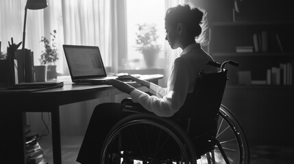 Wheelchair user focused on work. A person with a disability working at home on a laptop computer, illustrating accessibility technology in the modern workspace.