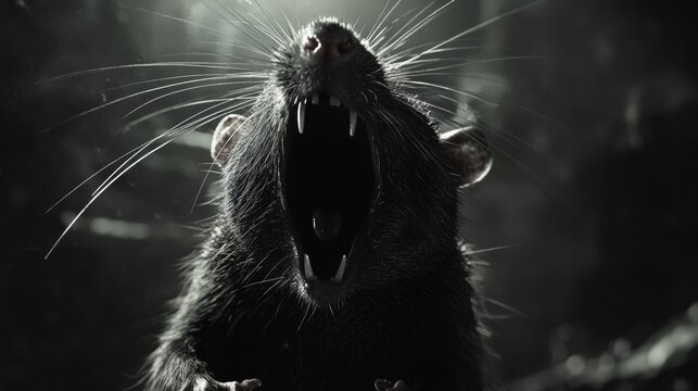 An evil rat with an open mouth in a dark setting, conveying menace and danger.