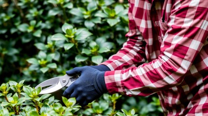 senior man trimming bushes with garden shears, wearing gloves and flannel shirt, bright green foliage around, 4K high detail