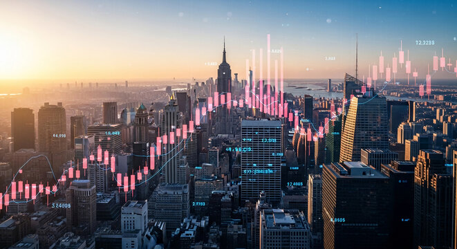 Aerial cityscape view at sunset, overlaid with dynamic stock market graph, showcasing financial growth and urban development, ideal for business or financial concepts