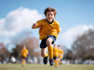 Energetic boy joyfully leaps in the air playing soccer, embodying youth, fitness, and teamwork. Perfect for sports, education, or active lifestyle campaigns.