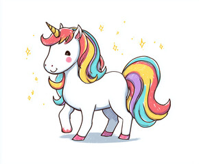Fototapeta premium Vibrant Cartoon Unicorn Illustration with Rainbow Mane and Sparkling Accents