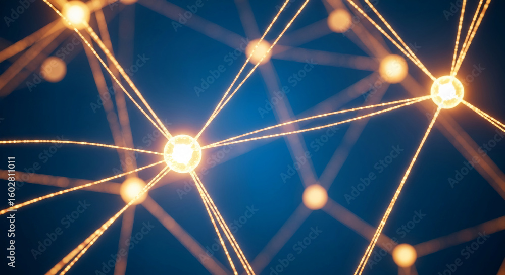 Poster abstract image of glowing nodes connected by lines on a dark blue background, symbolizing network co