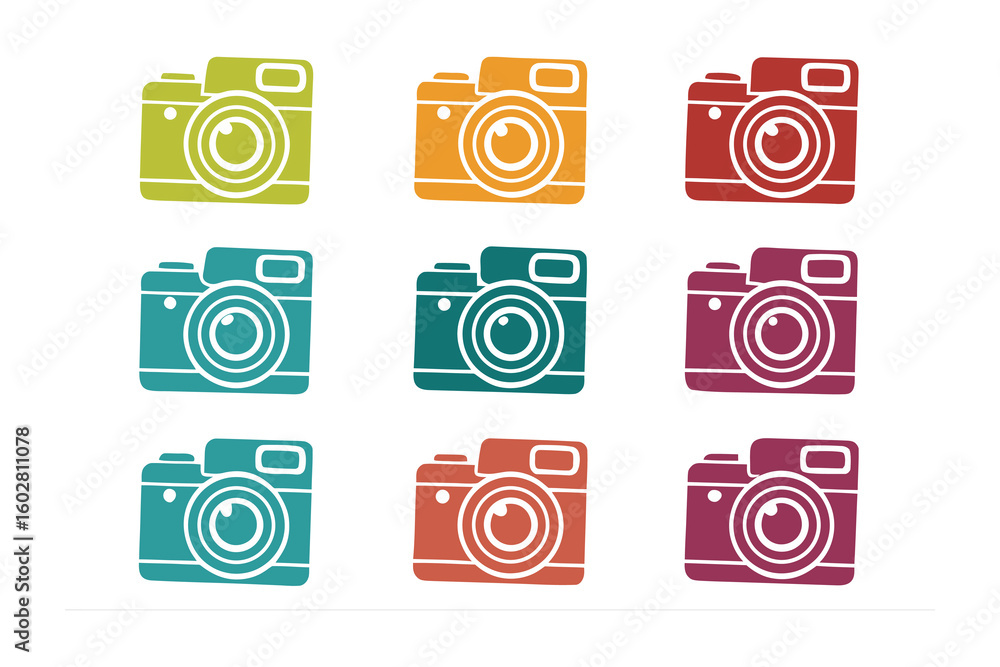 Aufkleber a vibrant collection of nine stylized retro camera icons in a grid each rendered in a different brig