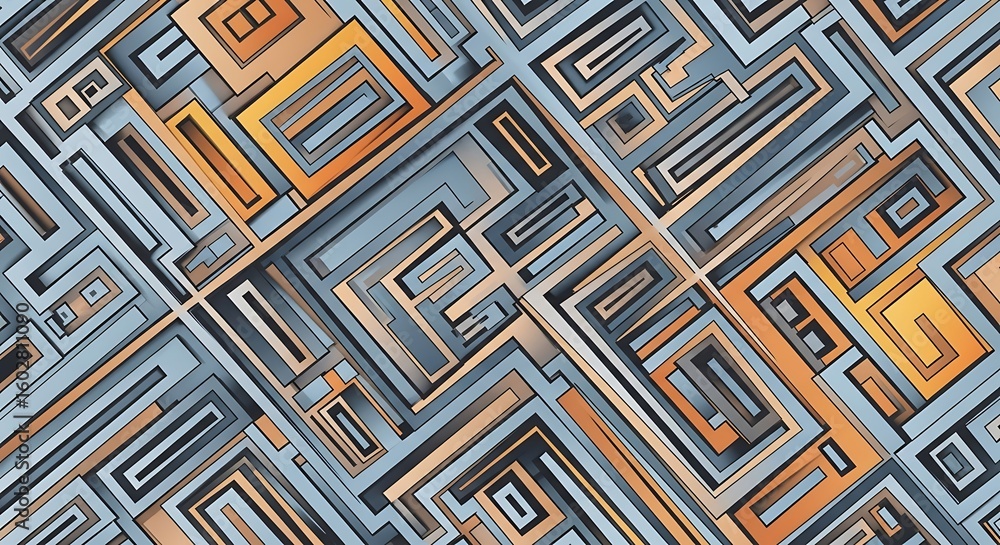 Poster intricate geometric pattern with linear elements in gray and orange tones creating a modern