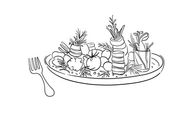 Vegetable snacks, continious line drawing. Vegetable salad outline. Vector illustration