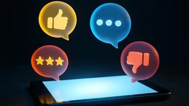 Colorful feedback icons float above a glowing tablet screen in the dark. Concept of social interaction analysis and user sentiment.
