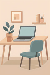 Ai Generated:Minimalist Home Office with Wooden Desk, Laptop, and Decor Elements