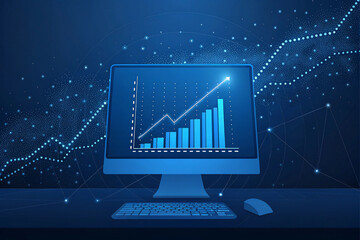 Modern computer displaying a glowing blue financial growth chart with upward trend