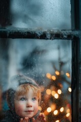 A child gazes out a frosted window, mesmerized by the glowing Christmas lights outside.