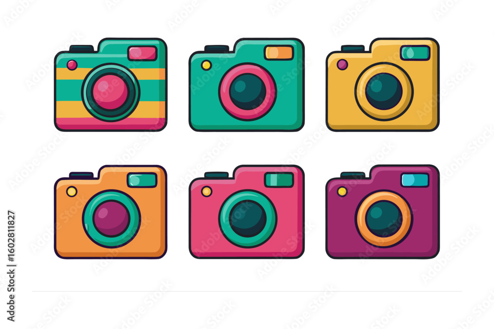 Poster a vibrant collection of six colorful retro style cartoon cameras arranged in two rows showcasing div