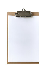 A tan clipboard with a blank white sheet of paper