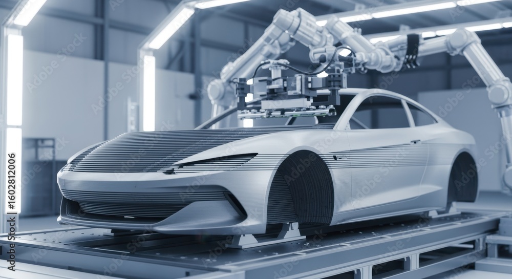 Poster robotic arms are installing components on a new electric car in an automated car factory, representi
