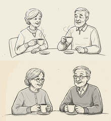 Happy old friends having coffee and smiling while sitting at table  