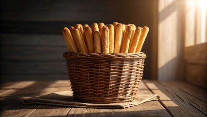 Freshly baked breadsticks in a wicker basket on a rustic wooden table with sunlight