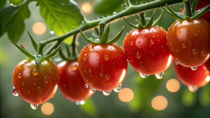 Freshly grown cherry tomatoes on vine with water droplets and green leaves in daylight