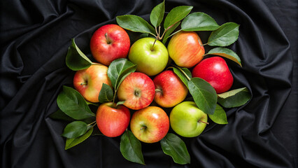 Freshly harvested apples with green leaves on a luxurious black silk background