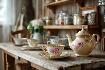 Fototapeta premium Vintage floral tea set on rustic wooden table in cozy kitchen setting