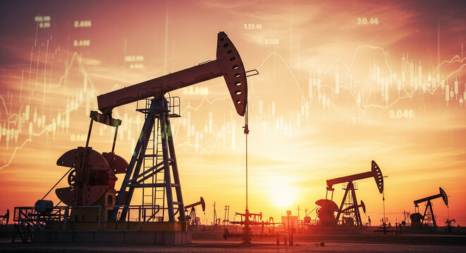 Silhouette of oil pumps at sunset, overlaid with stock market graphs, illustrating the energy industry's market fluctuations and global impact