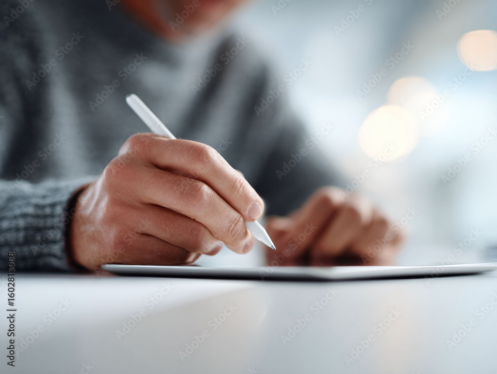 Poster closeup of a person using a stylus on a digital tablet. focus on the hand and device. represents tec