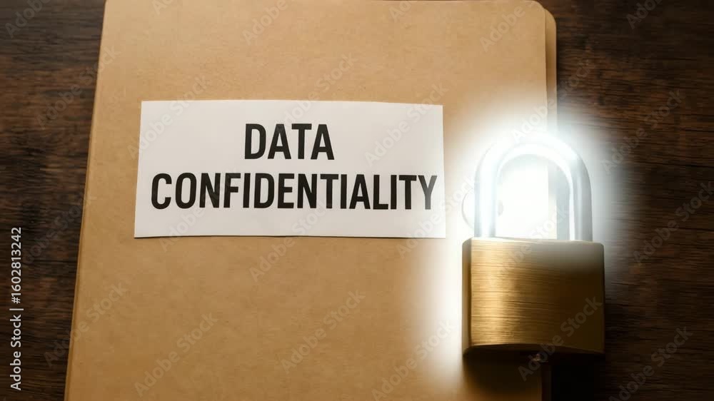 Poster a folder marked data confidentiality sits beside a glowing padlock. concept of information privacy a