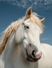 Obraz premium Majestic Close-Up of a Beautiful White Horse Against Blue Sky