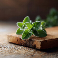 Fresh green herb sprig on rustic wood. Evokes healthy eating, natural ingredients, aromatherapy, cooking, and wellness. Ideal for food blogs or spa designs.