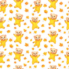  Seamless pattern of cute cartoon Teddy bears in yellow clothes and autumn leaves. Hand-drawn watercolor illustration