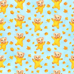  Seamless pattern of cute cartoon Teddy bears in yellow clothes and autumn leaves. Hand-drawn watercolor illustration