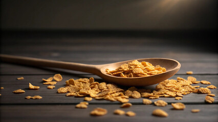 Golden corn flakes in a wooden spoon on a rustic dark wood surface