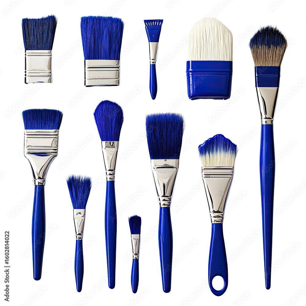Poster a collection of various blue paint brushes with different sizes and shapes displayed on a white back