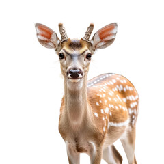 Fototapeta premium Adorable Spotted Fawn with Bright Eyes and Unique Facial Features Showing Curiosity in Natural Habitat During Daylight Hours