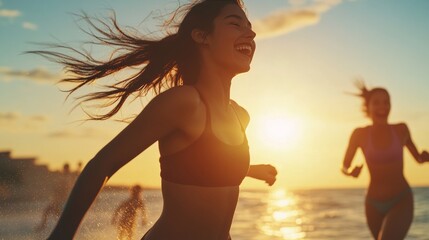Two women jogging along beach at sunset with smiles on their faces, active lifestyle concept