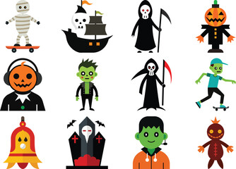 Vector art of a collection of halloween icons including a skeleton syringe