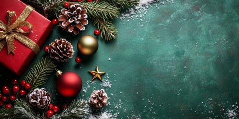 The festive holiday decorations with presents and bells on a surface.