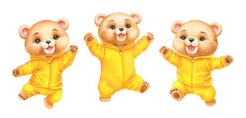 Hand-drawn watercolor illustration of cute cartoon Teddy bears in yellow clothes. 