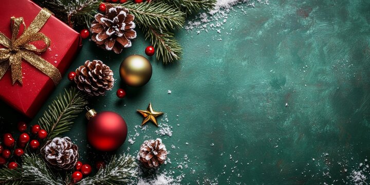 The festive holiday decorations with presents and bells on a surface.