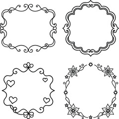 Vector of Vintage ornament frame. Decorative border frames, vintage frame and wedding ornaments Isolated icons . Calligraphic filigree black ink borders collection