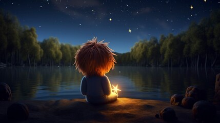 Animated child sitting by a lake at night, gazing at stars, with a magical glowing light in hands